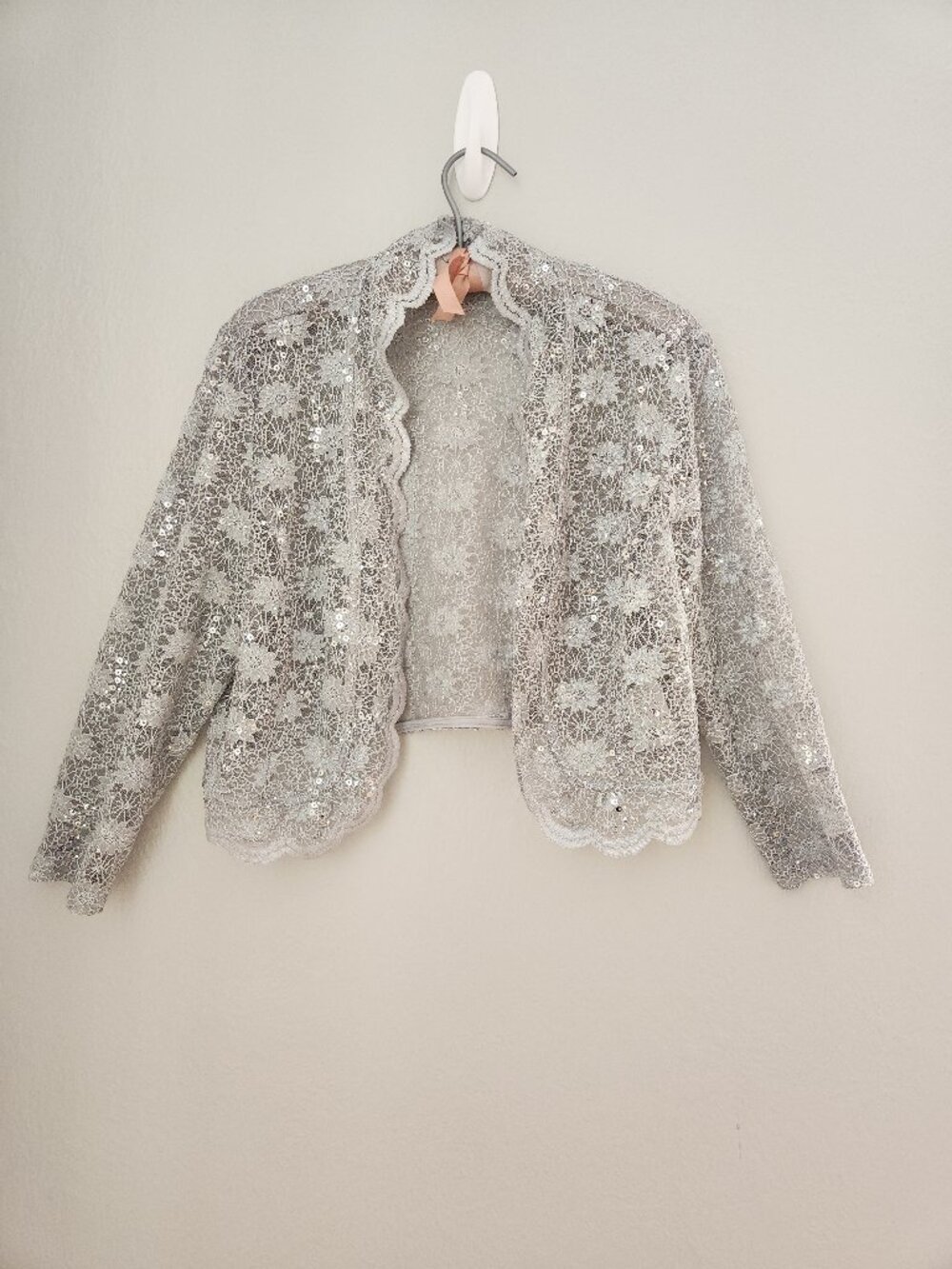 R&M Richards Silver-Sequined Lace Bolero, Size Large